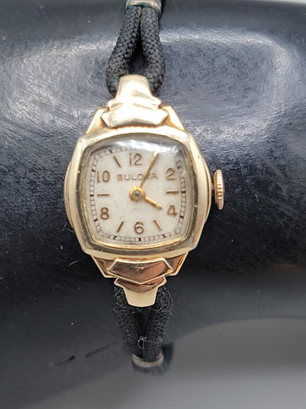 VTG Bulova Ladies 1940s Dolly Madison Watch 10kgp 5.5" Kreisler Black Band 16mm